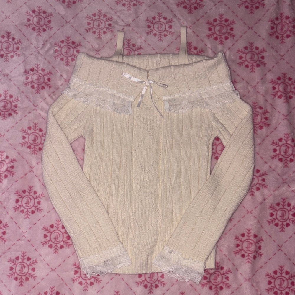 Lolita Cream Off-Shoulder Sweater with Lace Trim